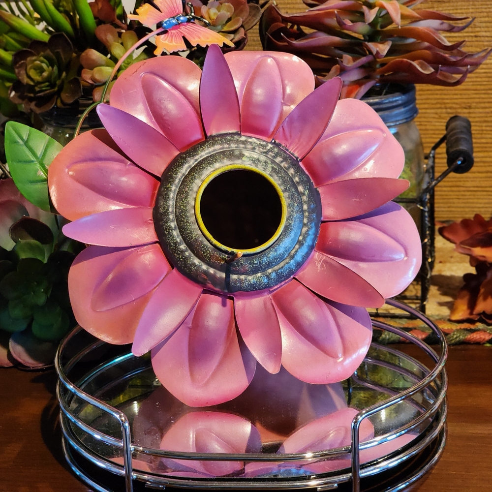 Pink Flower Metal Bird House With Butterfly